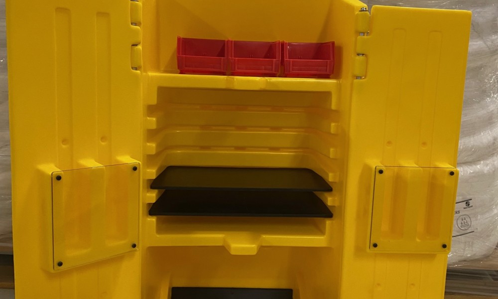 Plastic Storage Bin on Wheels with Secured Doors